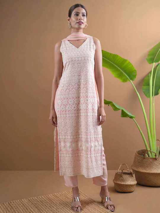 AAVYA Pink Embroidered Georgette Kurti