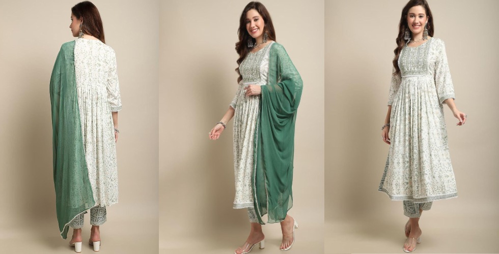 Amayra Women Rayon Nayra Cut Embroidered Kurta with Pant and Dupatta Set