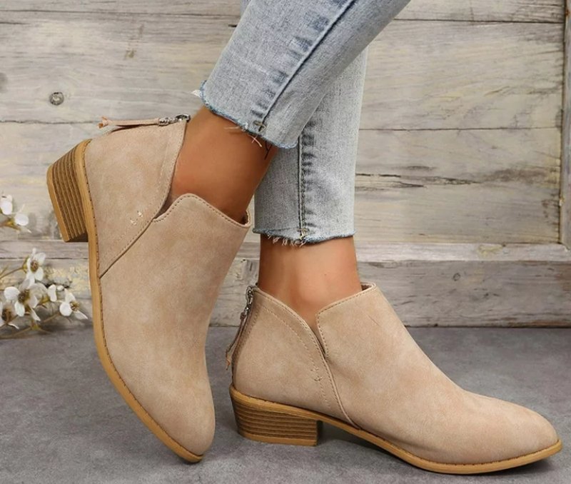 Beige Solid Boots With Low Heels