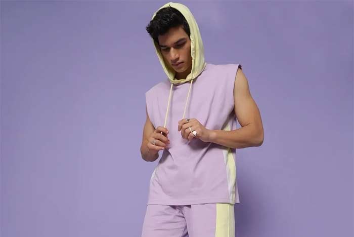 Bewakoof feel-good lilac colour block hoodie vest for men