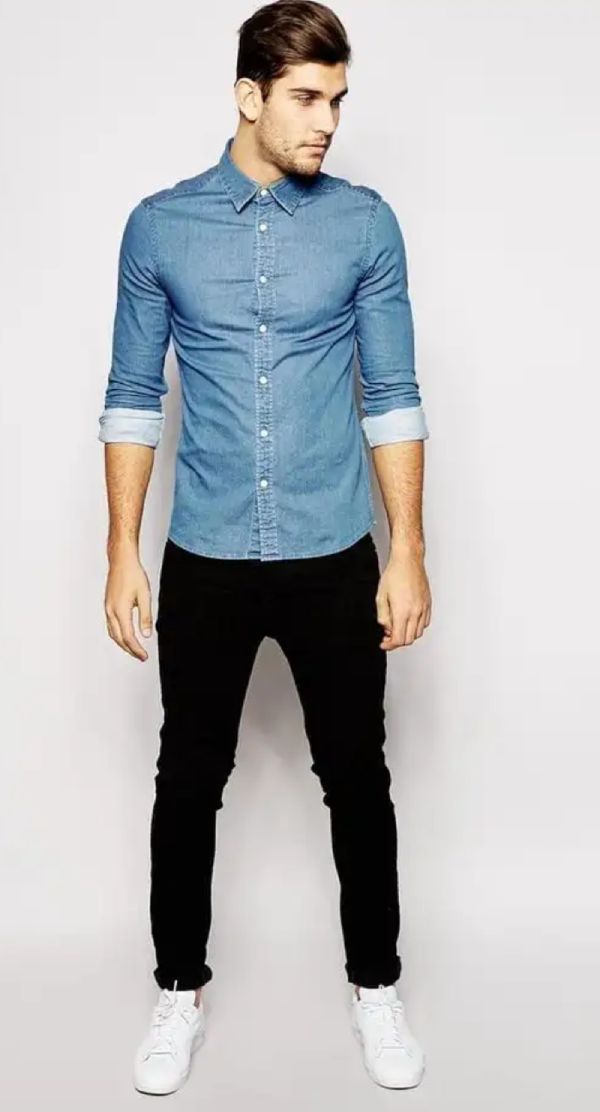 Black Pants With A Denim Shirt