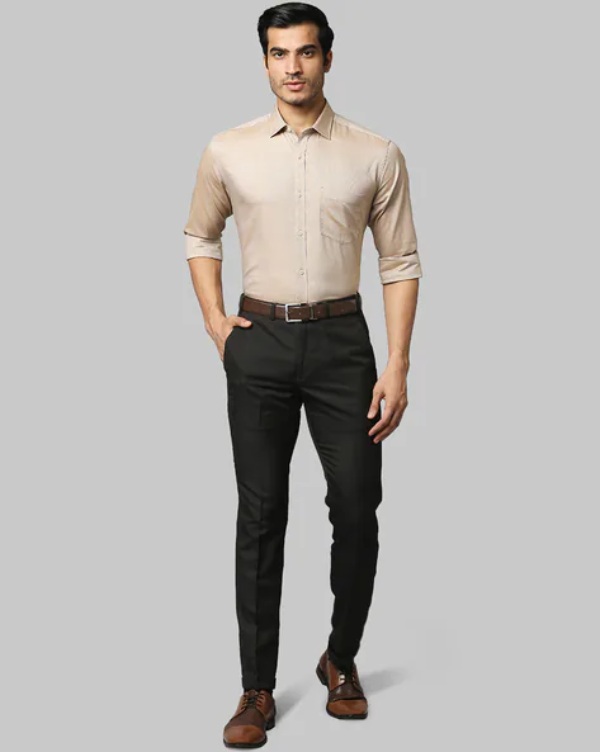 Black Pleated Pants And Beige Shirt