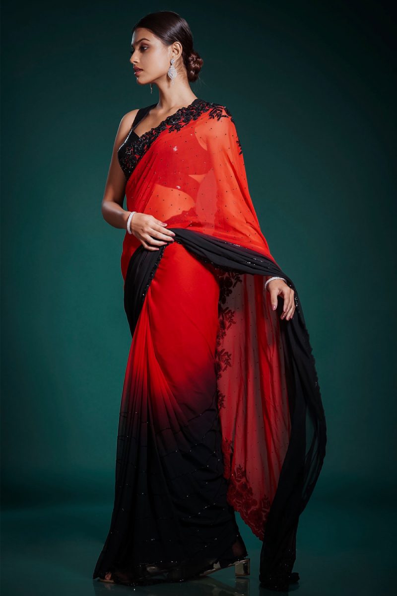 Black Sequins on Red Saree with Black Border