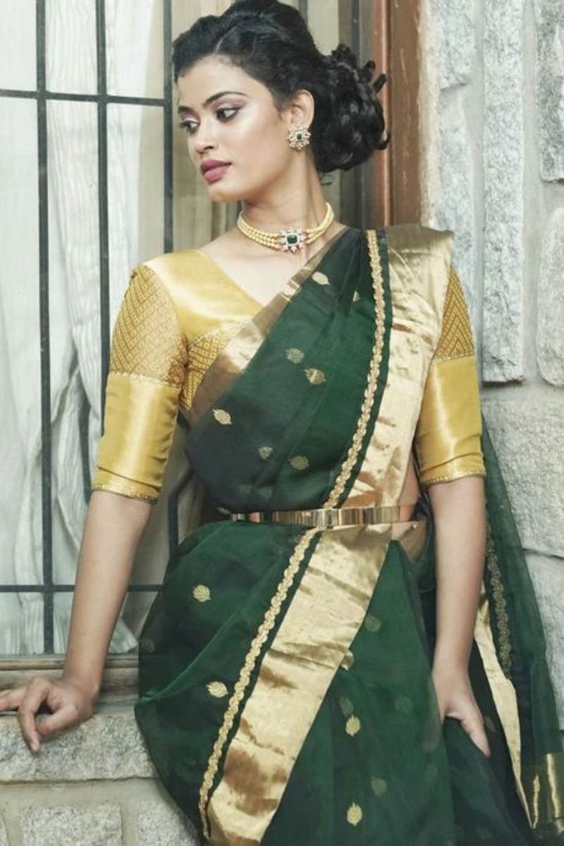 Bottle Green Saree With Golden Lace And A Golden Blouse