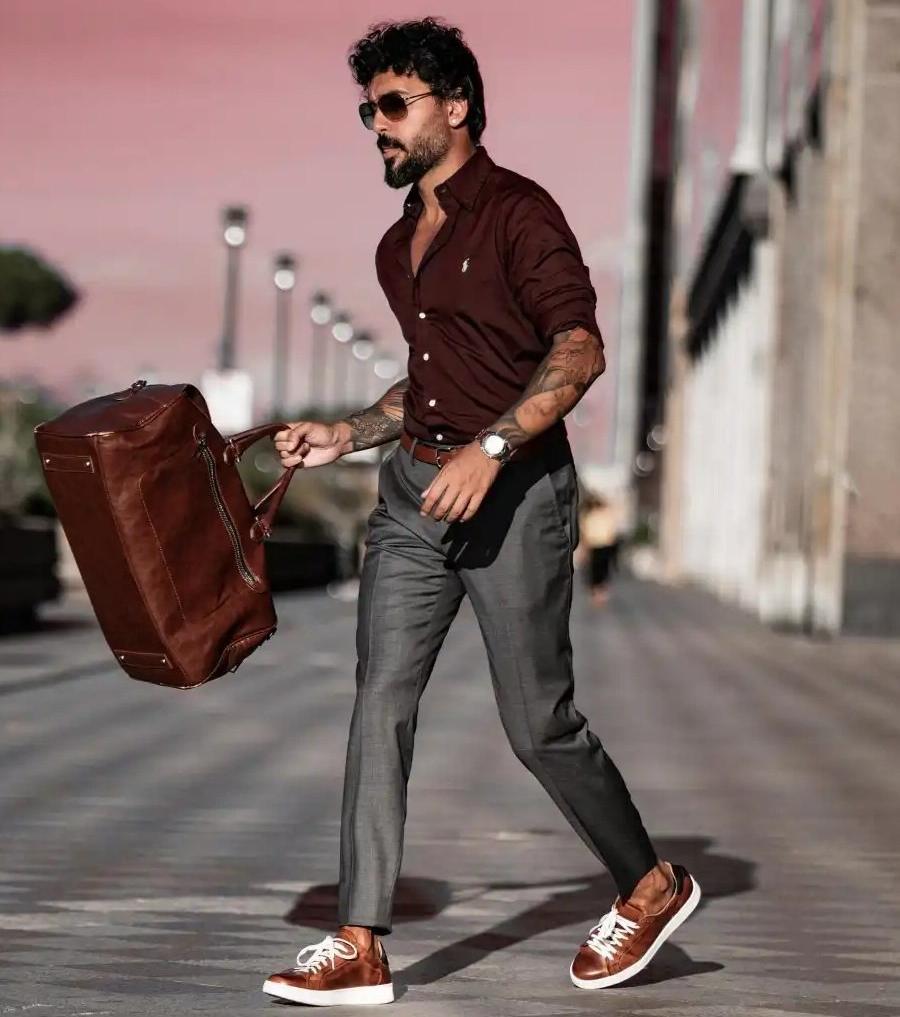 Beige and maroon combo outfit, men | Shirt outfit men, Burgundy jeans  outfit, Mens outfits