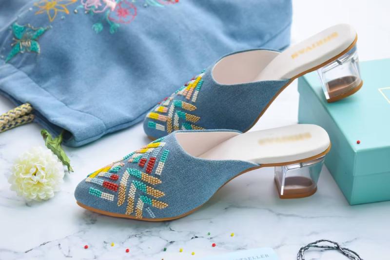 Denim Embroidered Heeled Sandals