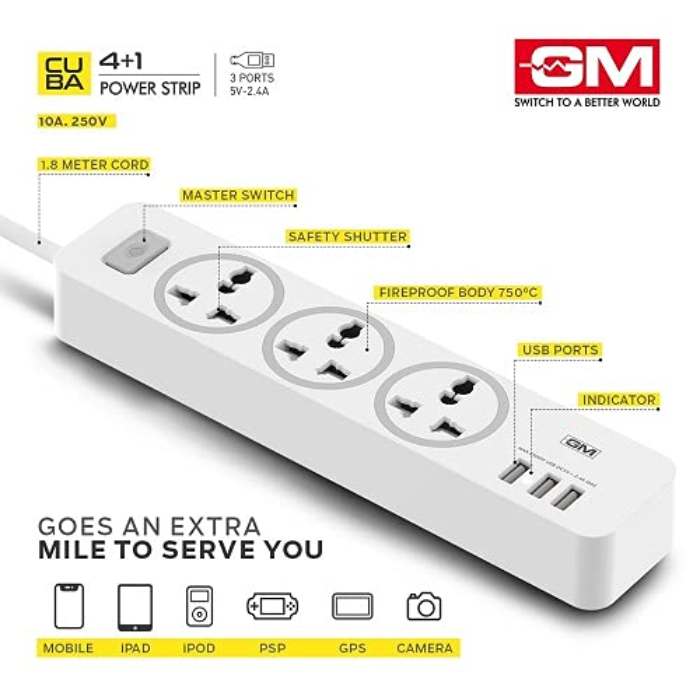 GM 3261 Cuba 3 Socket Extension Board with 3 USB Ports