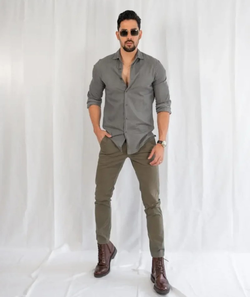Green Pants with Casual Grey Shirt
