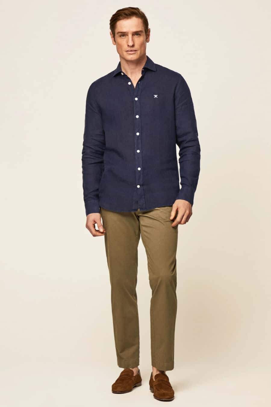 Green Pants with Navy Blue Shirt