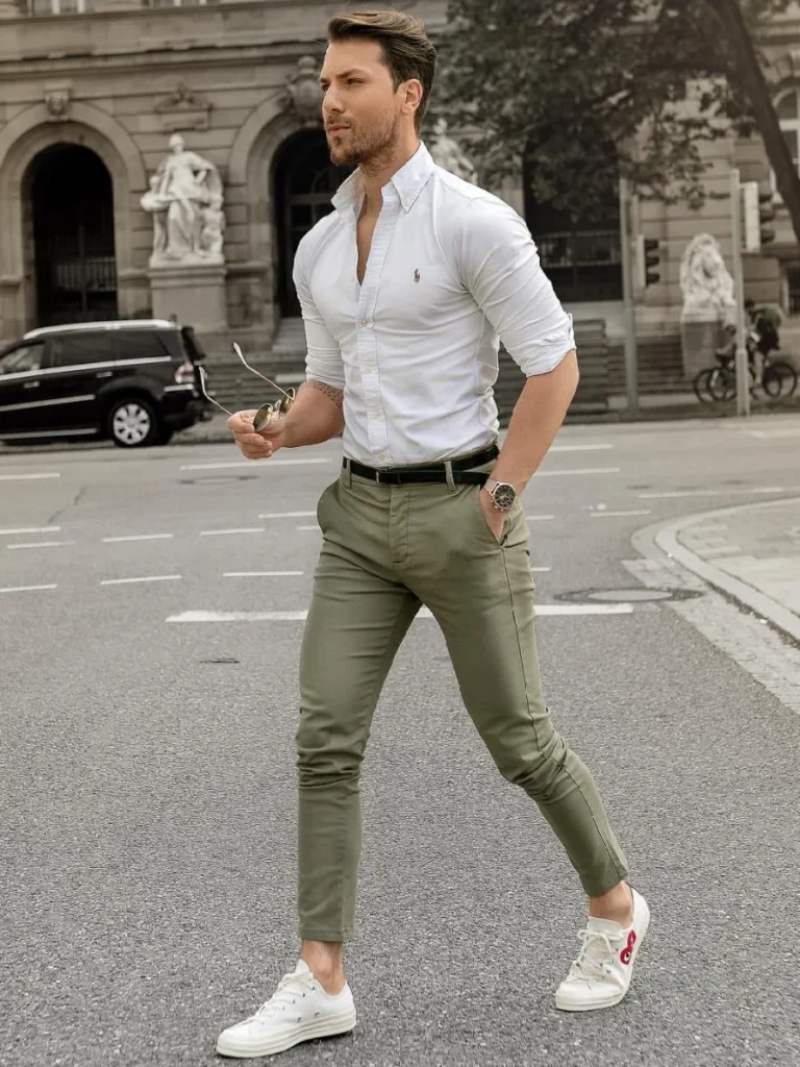 Green Pants with White Shirt
