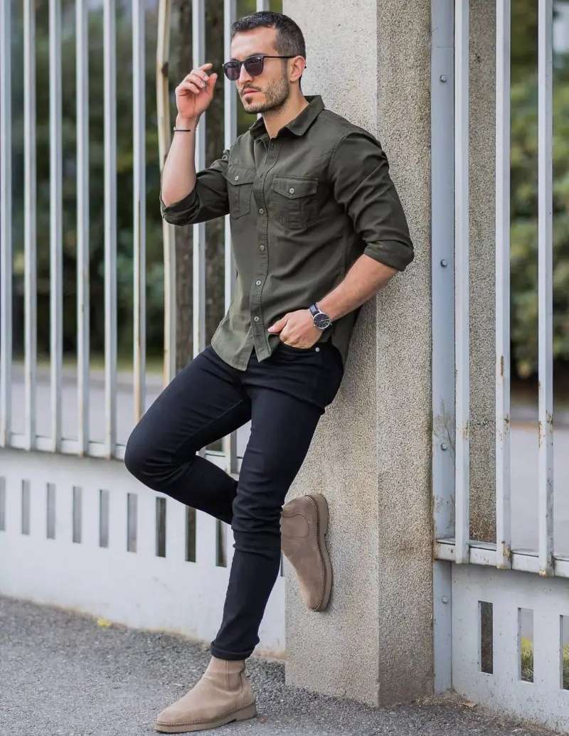 Black Shirt Dark Green Pants Mens Outfit With Dark Green Pants Olive Green  Shirt With Black