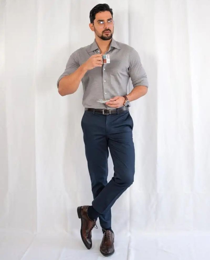 Grey shirt, navy pants | Shirt outfit men, Gray shirt outfit, Mens outfits