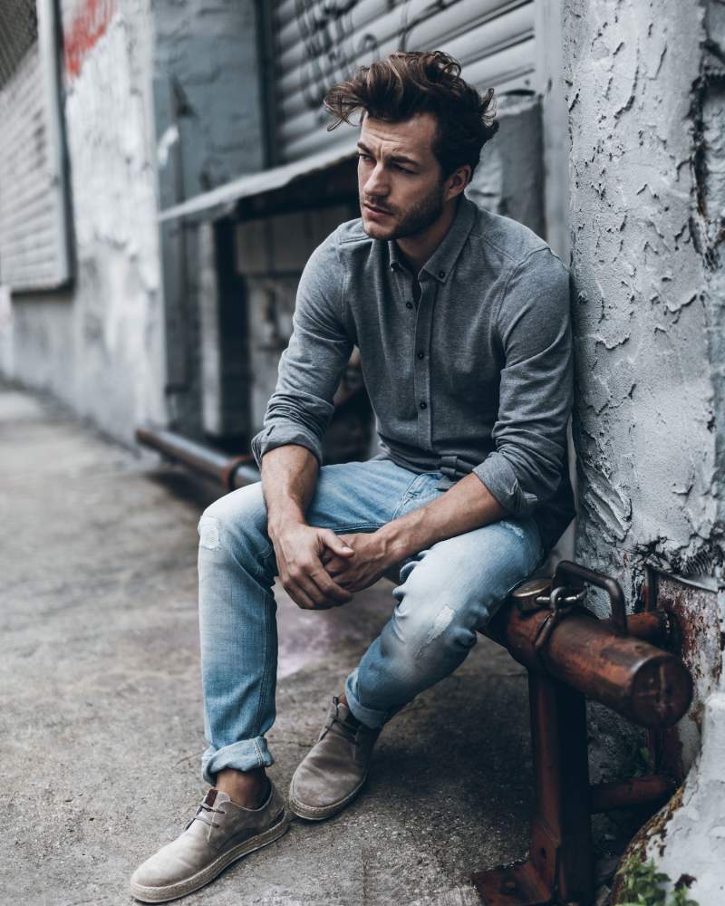 Grey Shirt with Light Blue Jeans