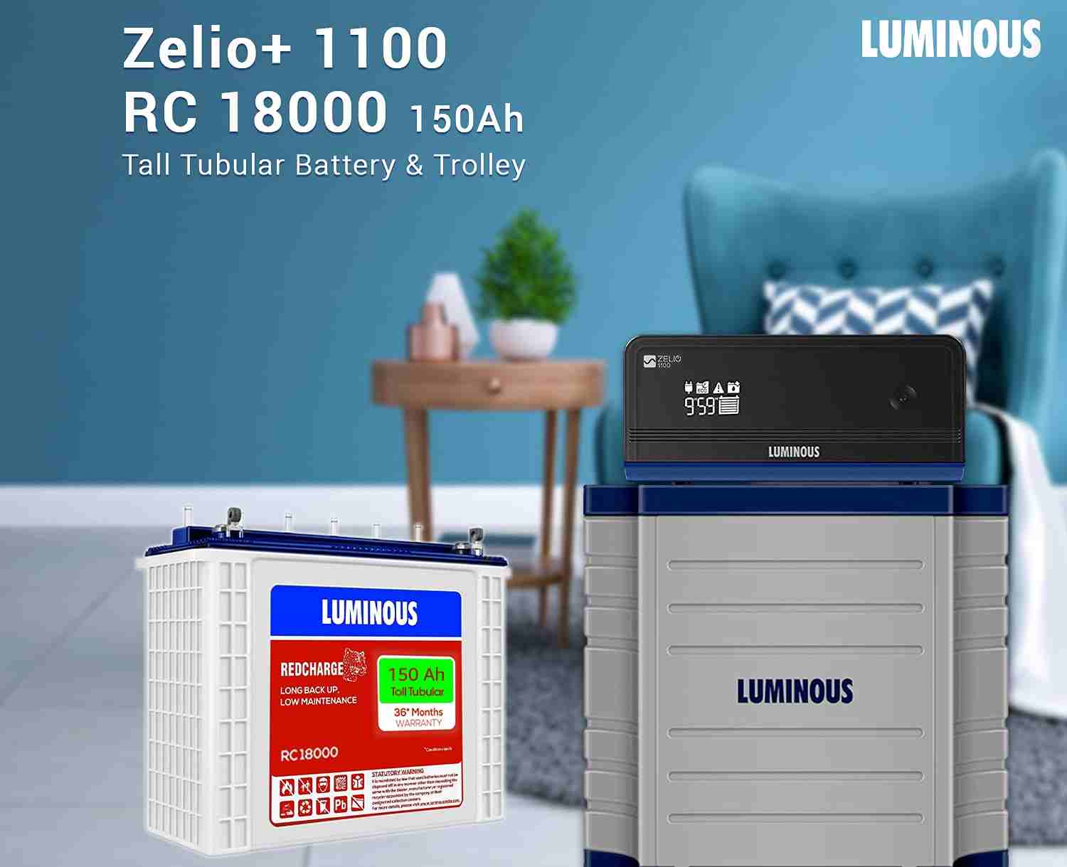 Luminous Zelio+ 1100 Inverter with Red Charge 15000 120 AH Tubular Battery