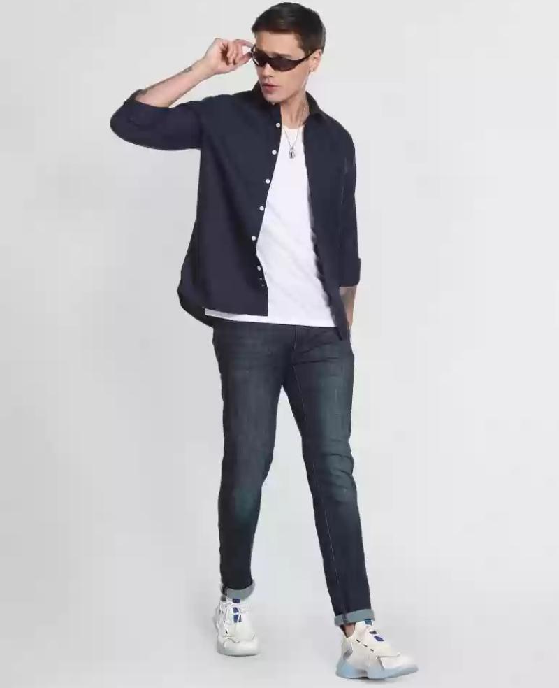 Navy Shirt with Dark Blue Jeans