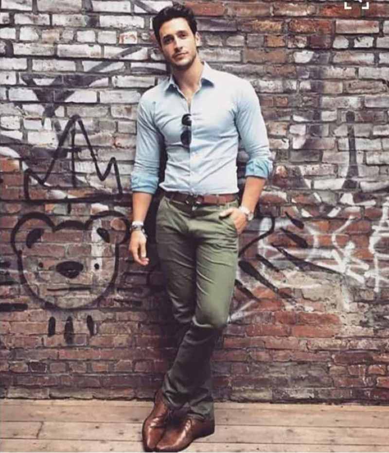 olive green pants with a gray shirt