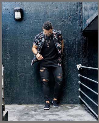 Patterned Black Shirts And Rugged Jeans Combination