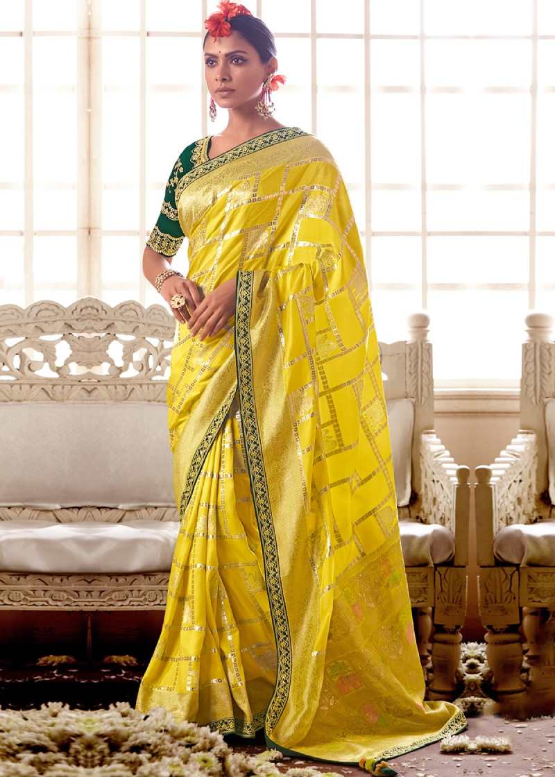Plain Yellow Saree With Crafted Blouse