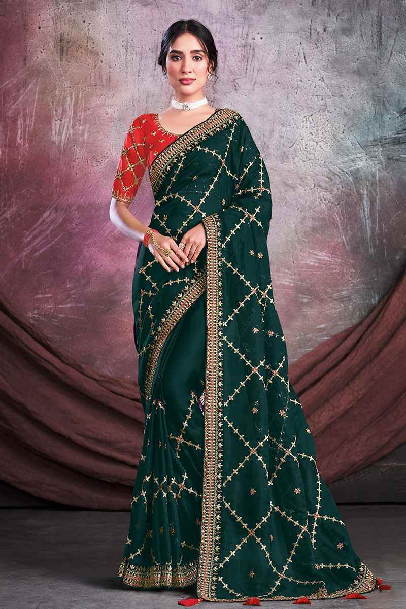 Red Colour Blouse And Bottle Green Saree