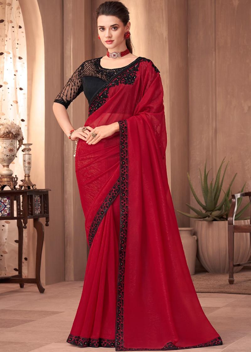 Red Saree with Geometric Patterns Black Border