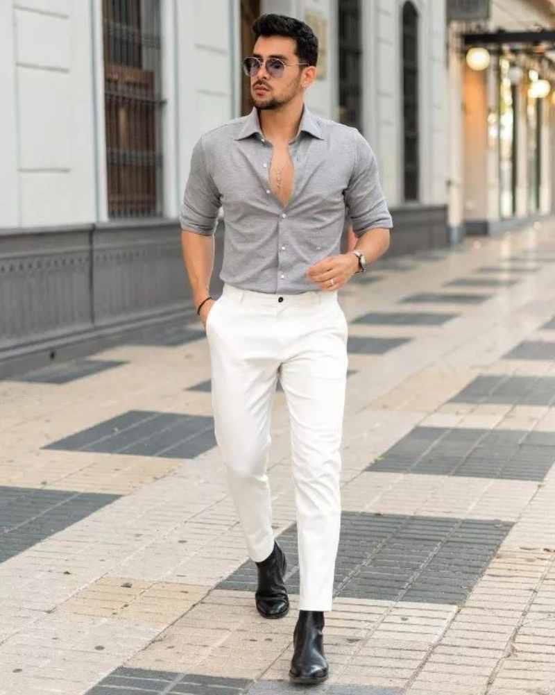 White Slacks and a grey shirt