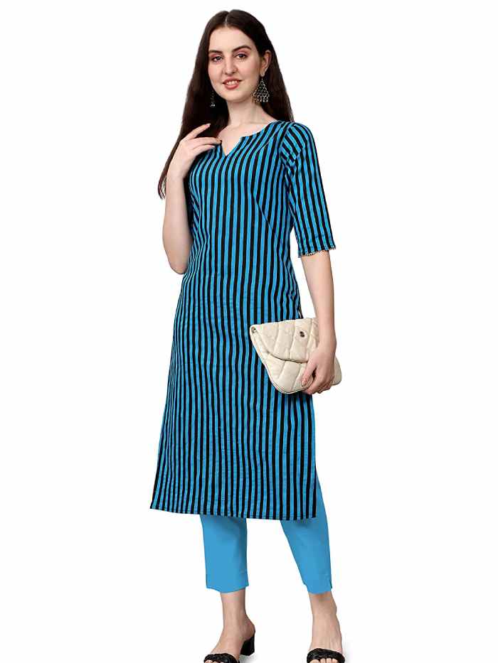 Women Striped Cotton Blend Straight Stitched Kurta