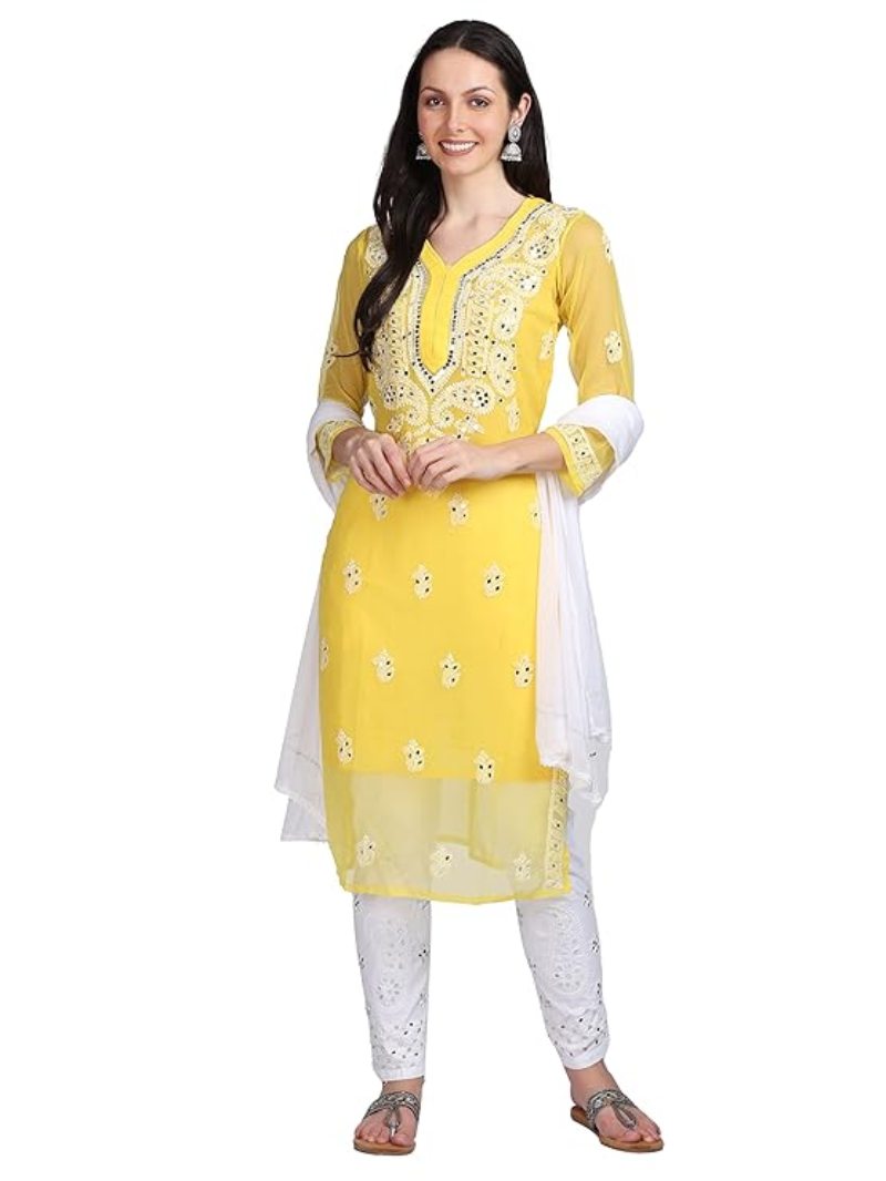 Mirror &Thread embroidery work kurti with Chikankari pant and Mirror work dupatta set (Stitched)